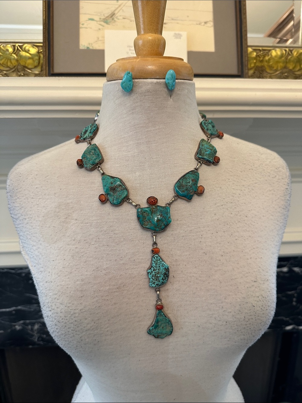 Incredible Handmade Silver, Turquoise & Coral Necklace & Earrings